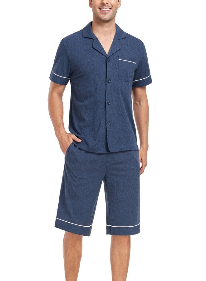 COLORFULLEAF Men's 100% Cotton Short Sleeve Pajama Sets Button Down Notched Collar Sleepwear Soft Lounge Pjs with Pockets (Heather Navy, XL) - Image 3